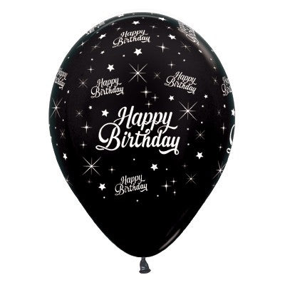 Sempertex 30cm Happy Birthday Twinkling Stars Metallic Black Latex Balloons 25PK Pack of 25