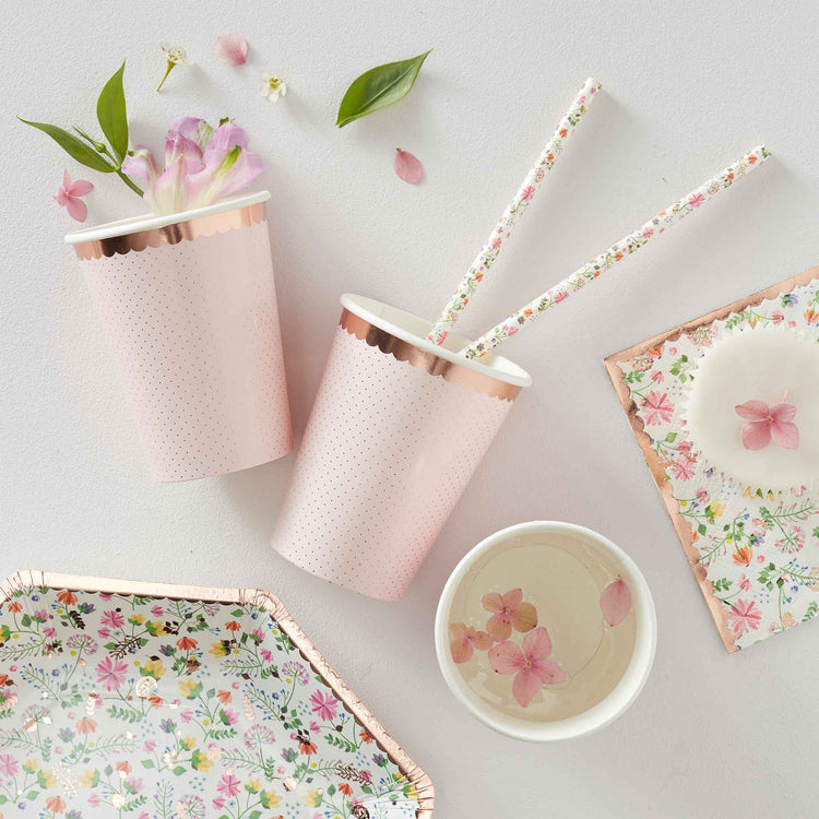 Ditsy Floral Paper Cups Polka Dot Rose Gold Pack of 8