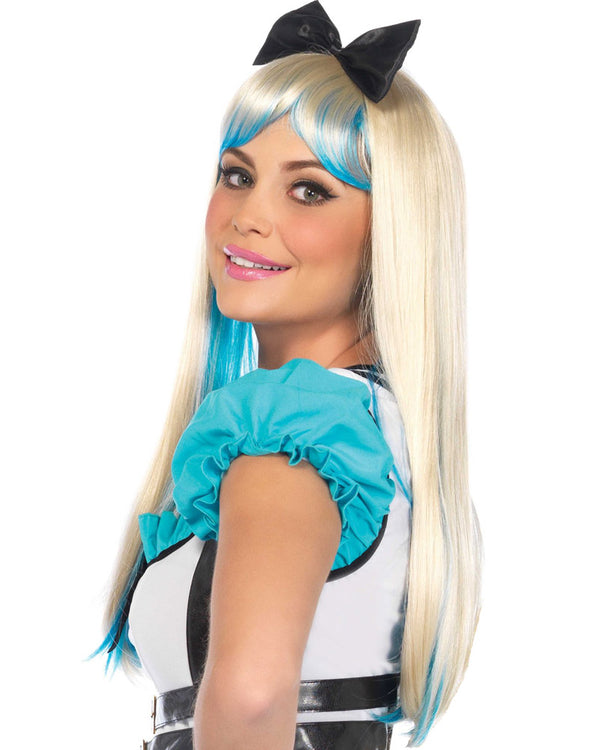 Alice Two Toned Blonde Blue Wig with Black Bow