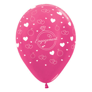 Sempertex 30cm Engagement Diamond Rings & Hearts Metallic Fuchsia Latex Balloons 6PK Pack of 6