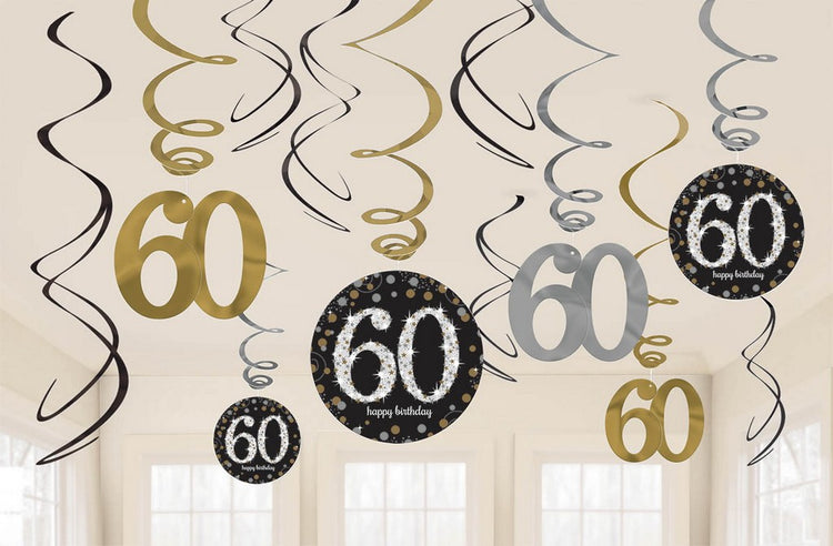 60th Sparkling Celebration Hanging Swirl Decorations Pack of 12