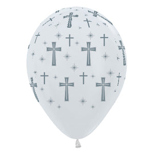 Sempertex 30cm Holy Cross Satin Pearl White & Silver Ink Latex Balloons 25PK Pack of 25