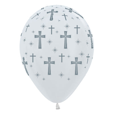 Sempertex 30cm Holy Cross Satin Pearl White & Silver Ink Latex Balloons 25PK Pack of 25