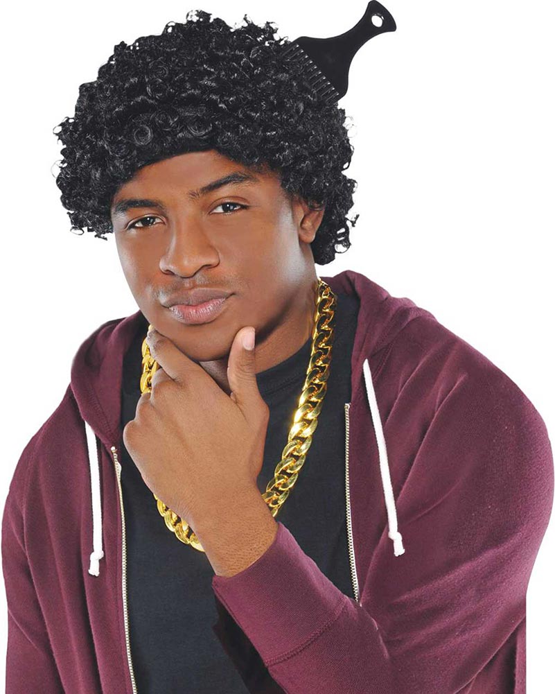90s Curly Black Wig with Comb Set