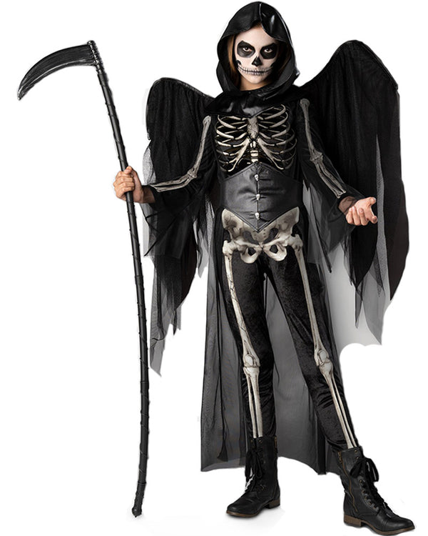 Image of boy wearing black skeleton grim reaper costume with wings and scythe. 