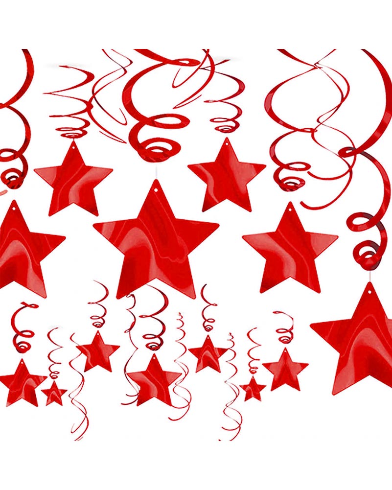 Apple Red Foil Star Hanging Swirl Decorations Pack of 30