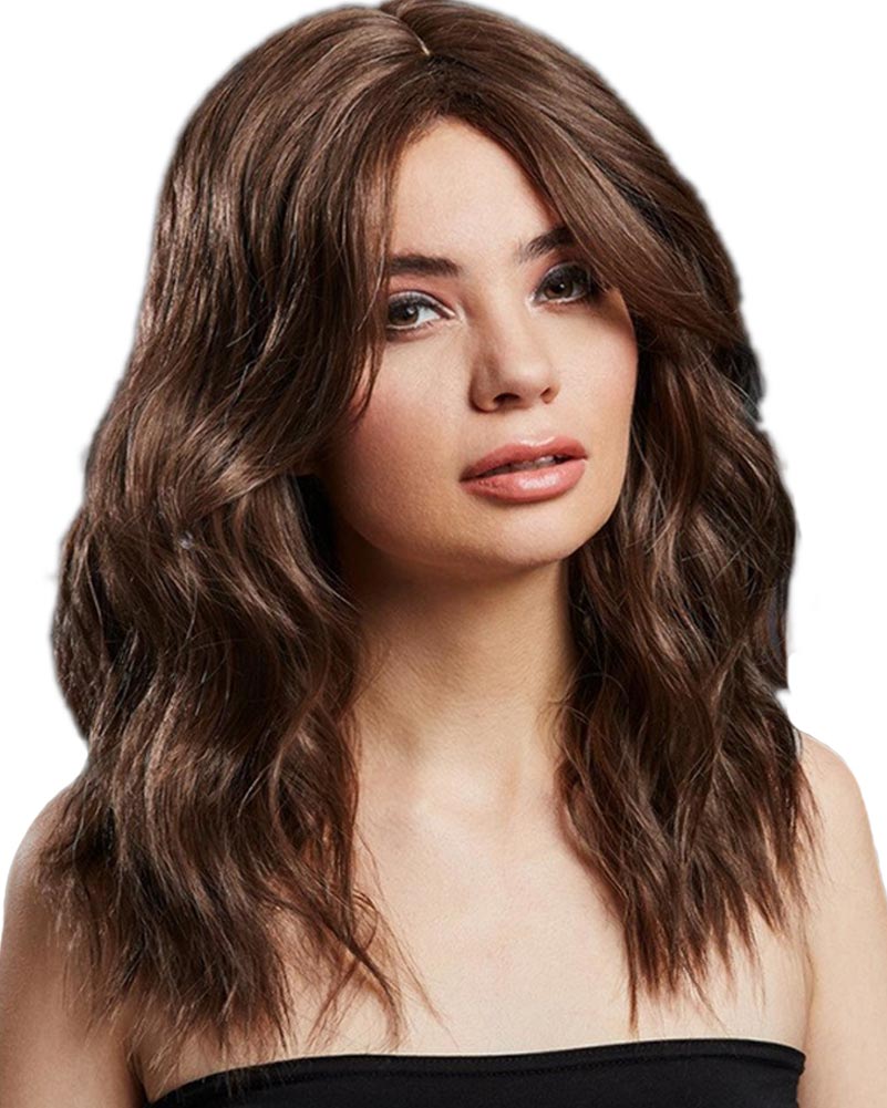 Image of woman wearing brown wavy chest length wig.
