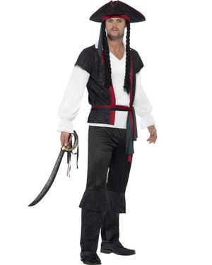Image of man wearing pirate costume and hat holding sword. 