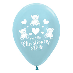 Sempertex 30cm On Your Christening Day Satin Pearl Blue Latex Balloons 25PK Pack of 25