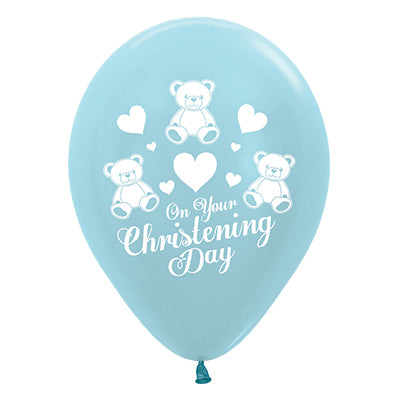Sempertex 30cm On Your Christening Day Satin Pearl Blue Latex Balloons 25PK Pack of 25