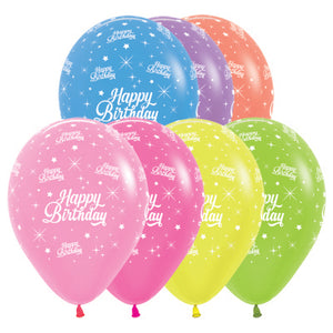 Sempertex 30cm Happy Birthday Neon Assorted Latex Balloons 25PK Pack of 25