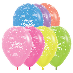 Sempertex 30cm Happy Birthday Neon Assorted Latex Balloons, 25PK Pack of 25