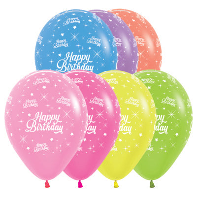 Sempertex 30cm Happy Birthday Neon Assorted Latex Balloons 25PK Pack of 25