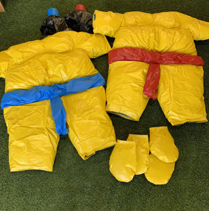 Two PVC and Fabric Kids Sumo Suits with Helmets Gloves and 291cm Mat