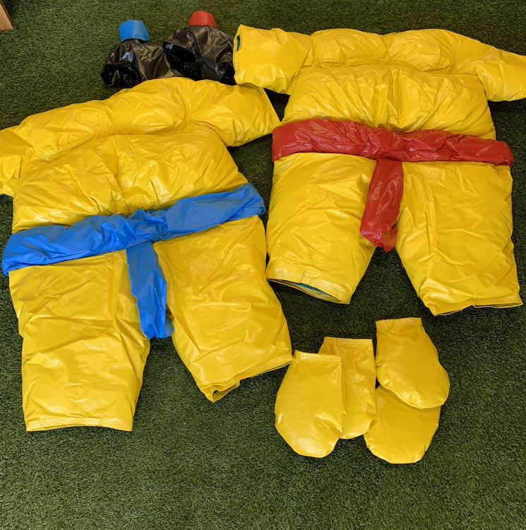 Two PVC and Fabric Kids Sumo Suits with Helmets Gloves and 291cm Mat