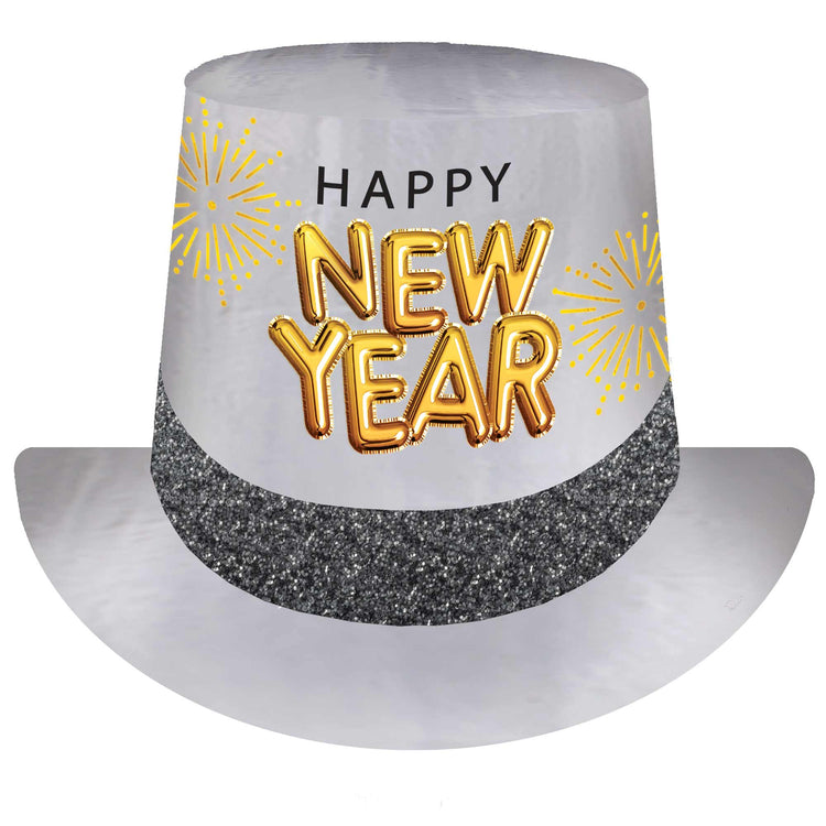 Happy New Year Glittered Top Hat Black Silver & Gold