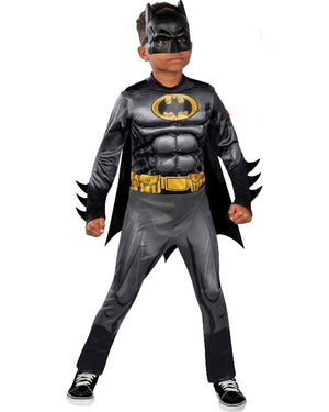 Image of boy wearing dark grey Batman costume and mask.