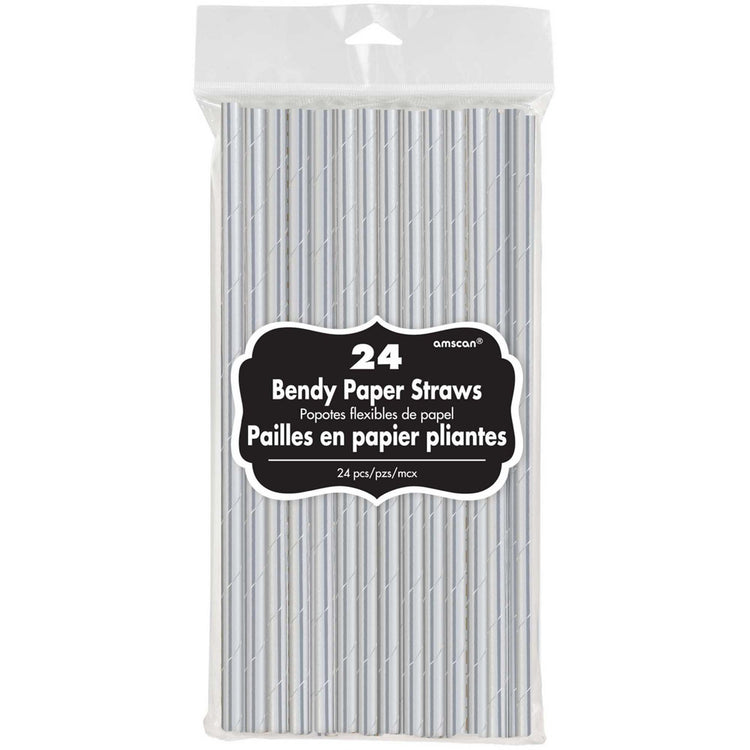 Silver 20cm Paper Straws Pack of 24