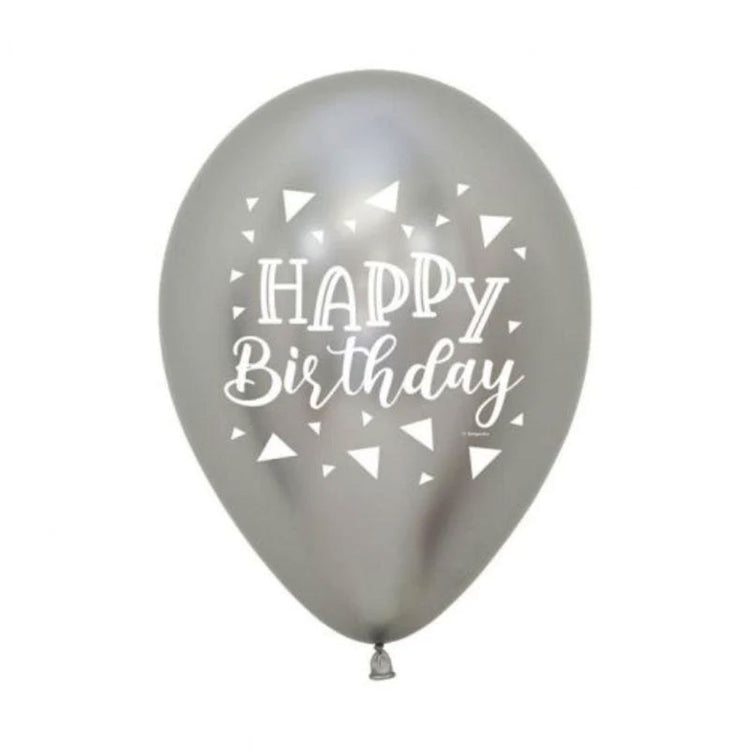 Sempertex 30cm Happy Birthday Triangles Metallic Reflex Silver Latex Balloons 12PK Pack of 12