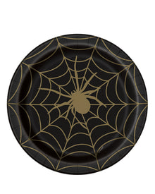 Black and Gold Spider Web 23cm Plates Pack of 8 For Halloween