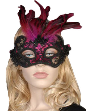 Black and Pink Lace Masquerade Mask with Feathers