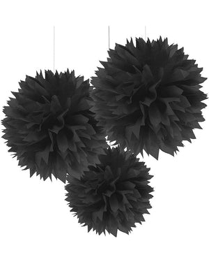 Black Fluffy Tissue Hanging Decoration 41 cm Pack of 3