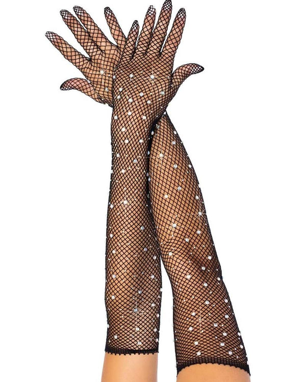 Black Rhinestone Fishnet Opera Length Gloves