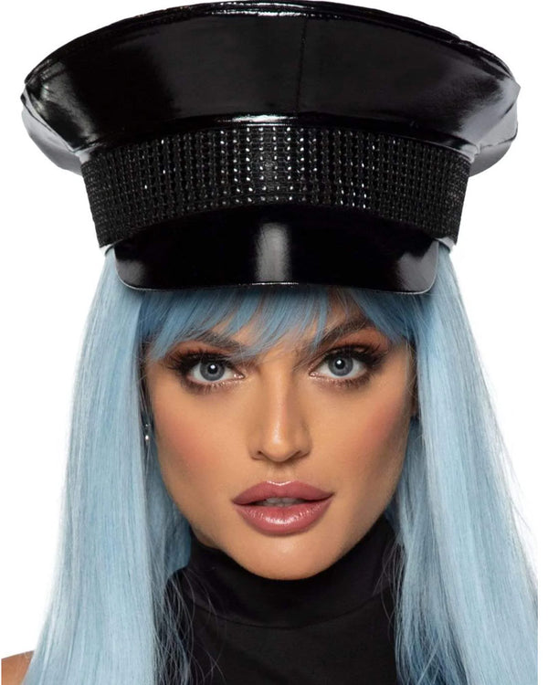 Black Rhinestone Trimmed Military Hat