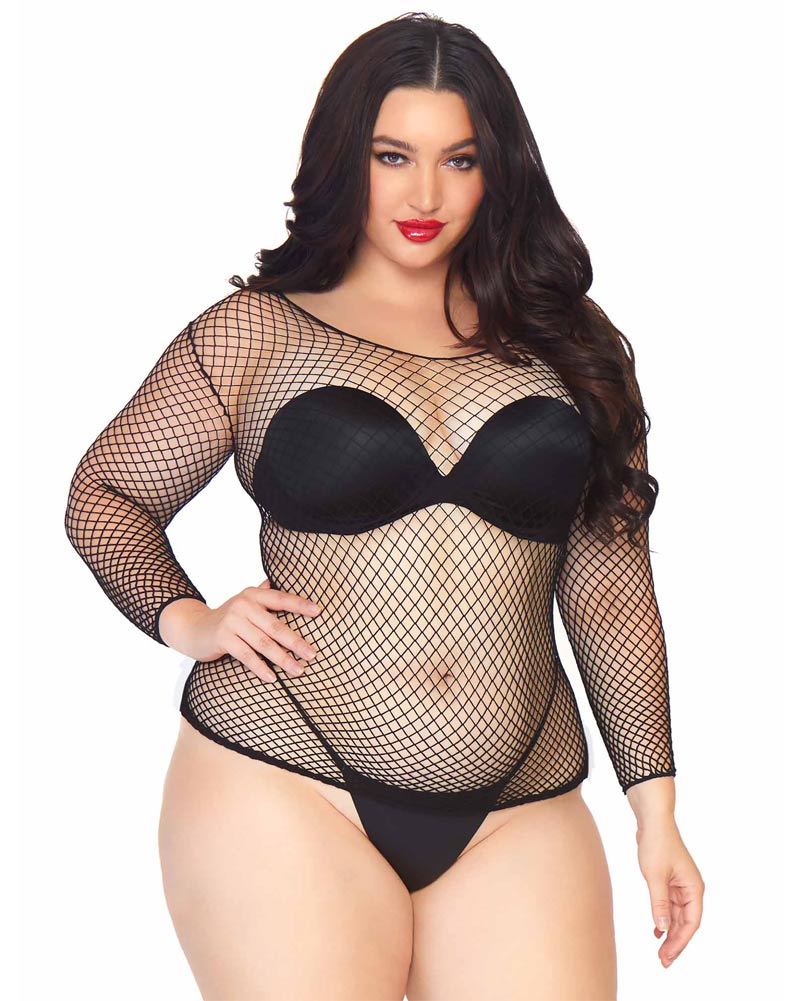 80s Black Spandex Long Sleeved Net Plus Size Womens Shirt