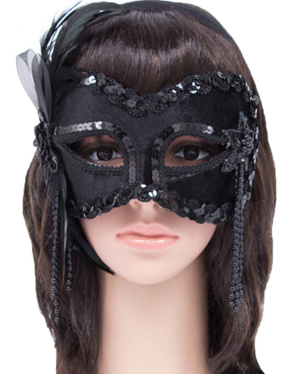 Black Velvet Masquerade Mask with Beads and Feathers