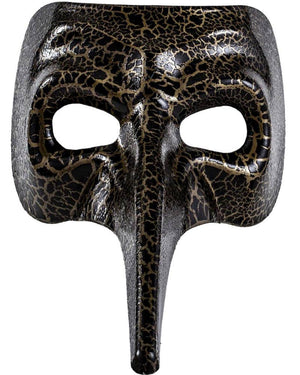 Image of black Venetian mask with raven shaped beak. 