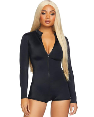 Black Zipper Front Long Sleeved Romper