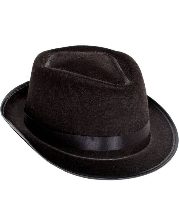 Black fedora hat made from felt with ribbon hatband.