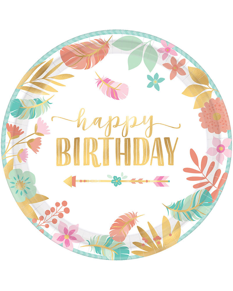Boho Birthday Girl 26cm Round Metallic Plates Pack of 8
