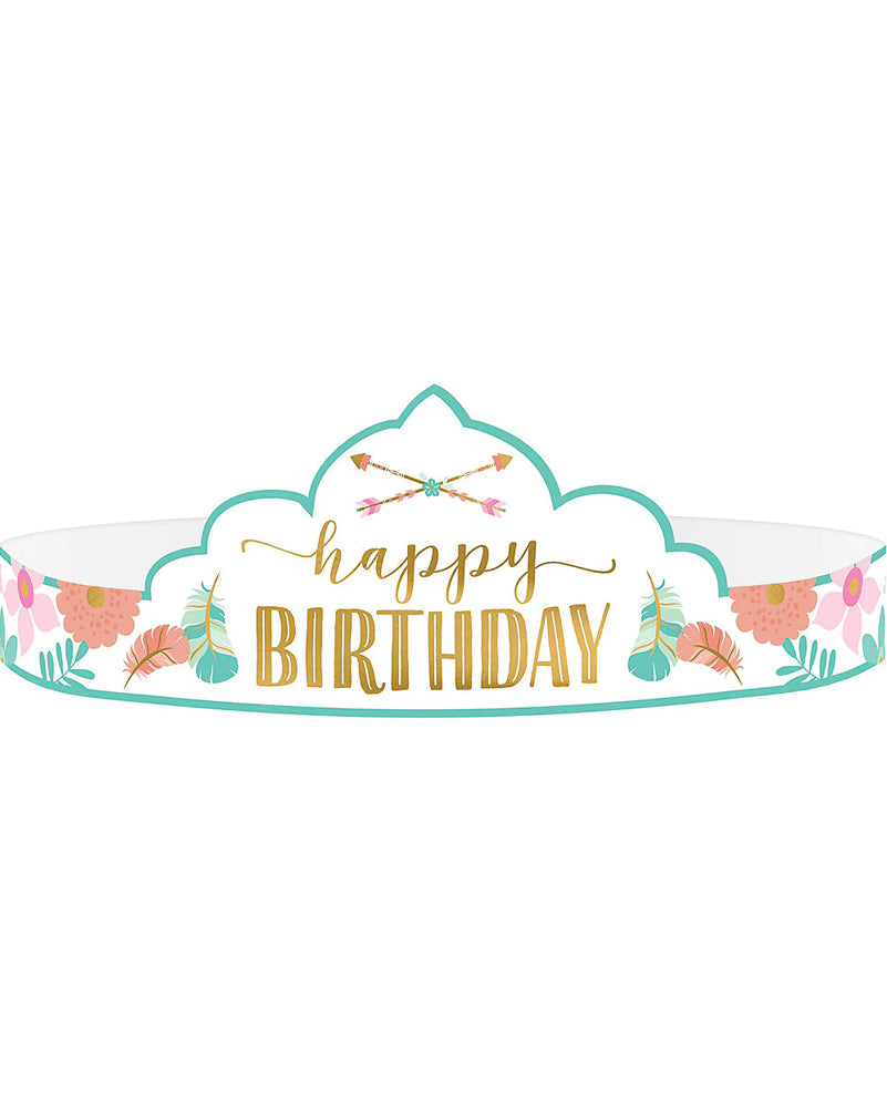 Boho Birthday Girl Paper Tiaras Pack of 8