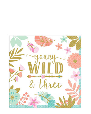 Boho Birthday Girl Young Wild and Three Lunch Napkins Pack of 16