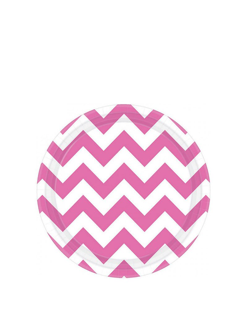 Bright Pink Chevron 17cm Round Paper Plates Pack of 8