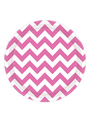 Bright Pink Chevron 23cm Round Paper Plates Pack of 8