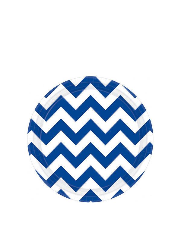 Bright Royal Blue Chevron 17cm Round Paper Plates Pack of 8