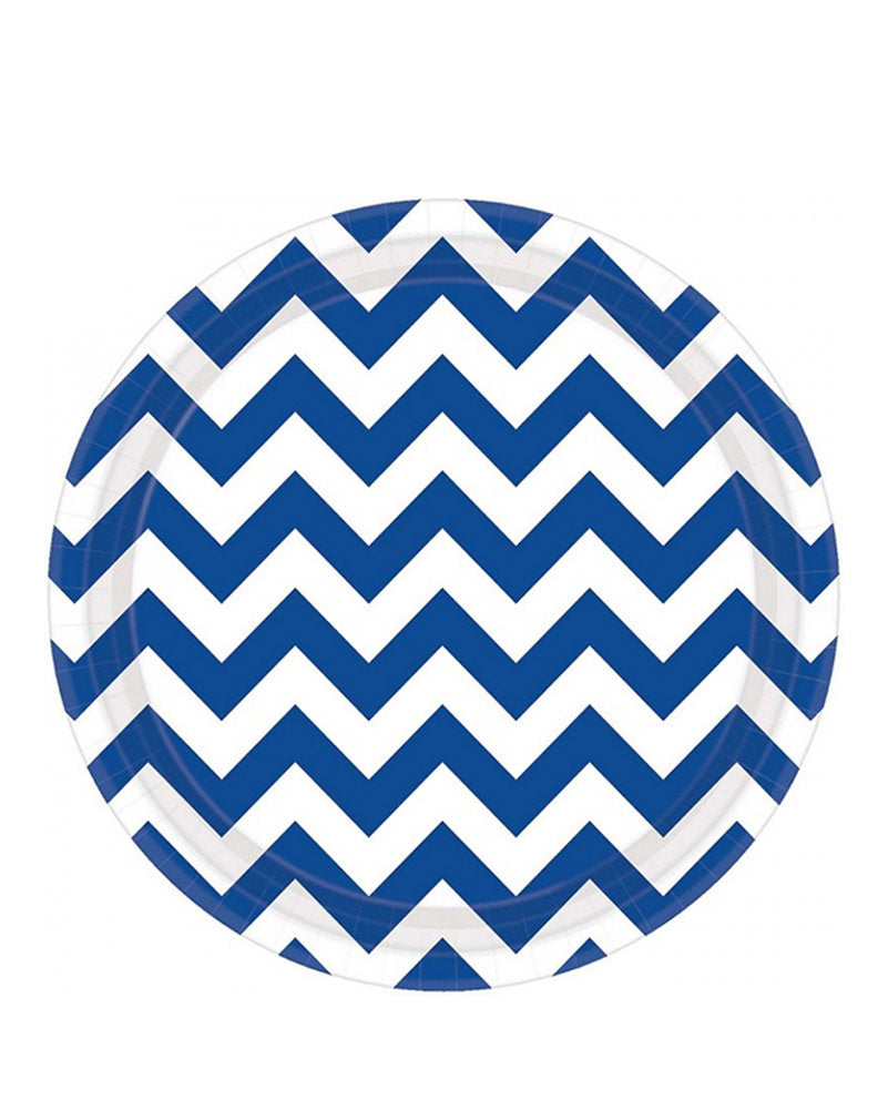 Bright Royal Blue Chevron 23cm Round Paper Plates Pack of 8
