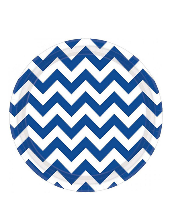 Bright Royal Blue Chevron 23cm Round Paper Plates Pack of 8
