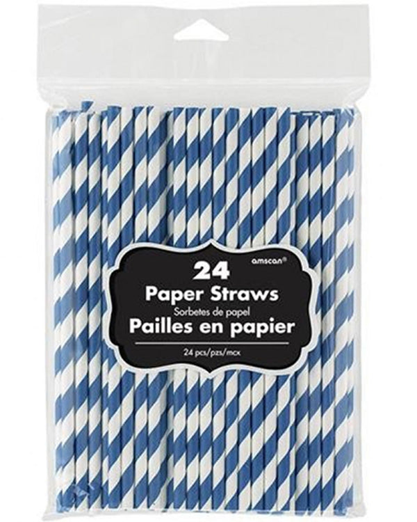 Bright Royal Blue Striped Paper Straws Pack of 24