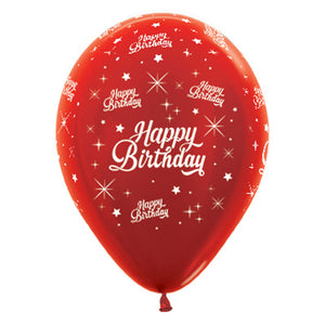 Sempertex 30cm Happy Birthday Twinkling Stars Metallic Red Latex Balloons, 6PK Pack of 6