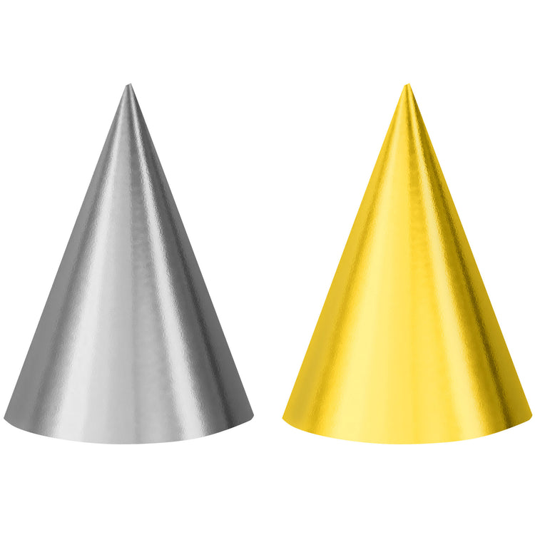 Party Cone Hats Foil Silver & Gold Pack of 12