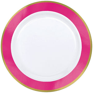 Premium Plastic Plates 19cm White with Bright Pink Border Pack of 10