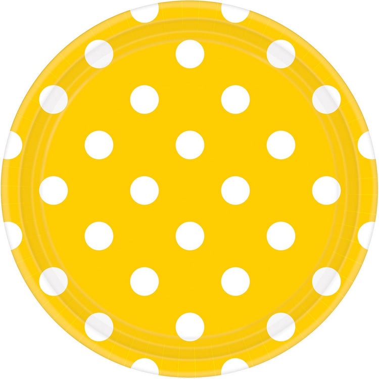 Dots 17cm Round Paper Plates Yellow Sunshine Pack of 8