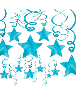 Caribbean Blue Foil Star Hanging Swirl Decorations Pack of 30