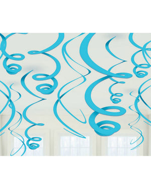 Caribbean Blue Plastic Hanging Swirl Decorations Pack of 12