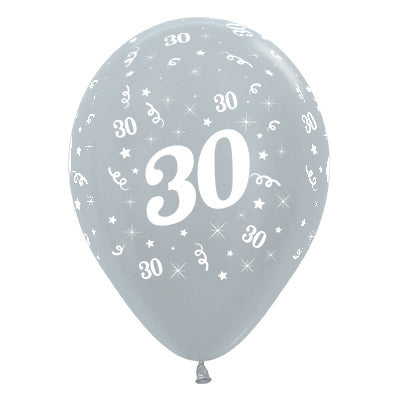 Sempertex 30cm Age 30 Satin Pearl Silver Latex Balloons Pack of 25