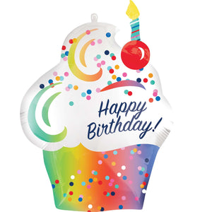 SuperShape Rainbow Ombre Cupcake Happy Birthday Balloon